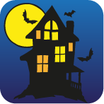 spooky house silhouette, bats surrounding with large yellow moon in the background